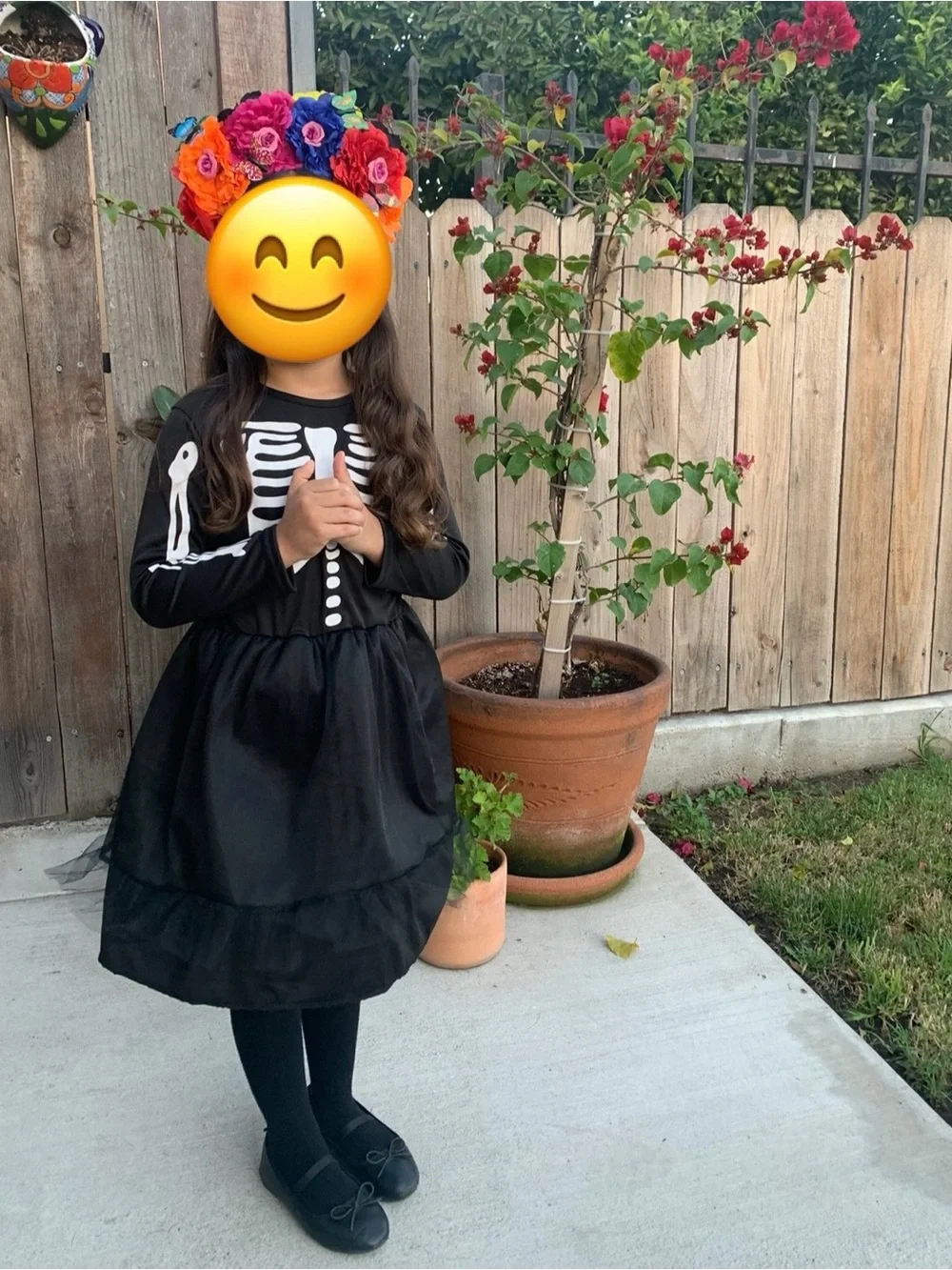 Girls Dia de Los Muertos Black Skeleton Tulle Costume Dress with Floral Headband